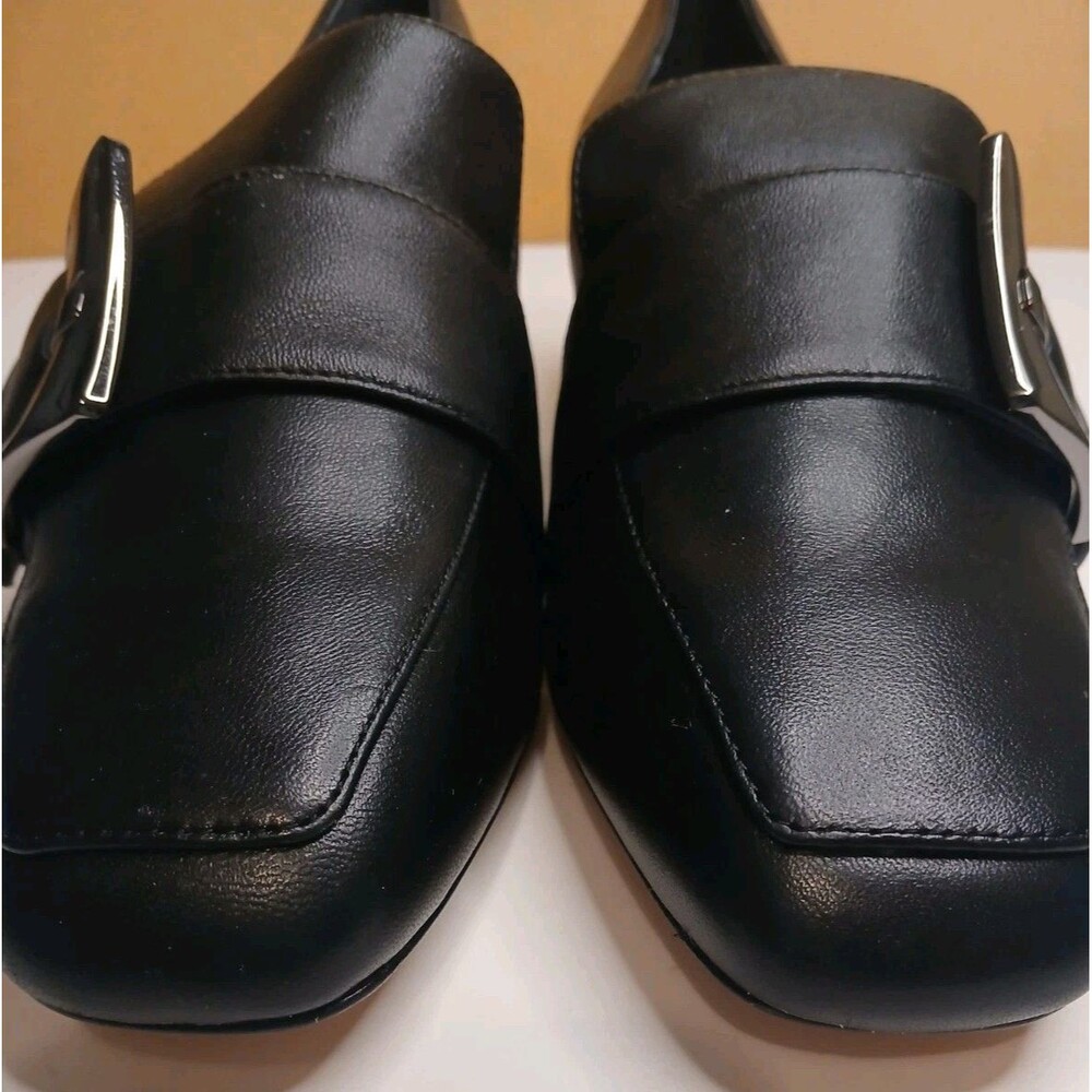 Deltan Sz 7 Veronica Black Leather Metal Buckle Flared Block Heel Pumps - Picture 7 of 16